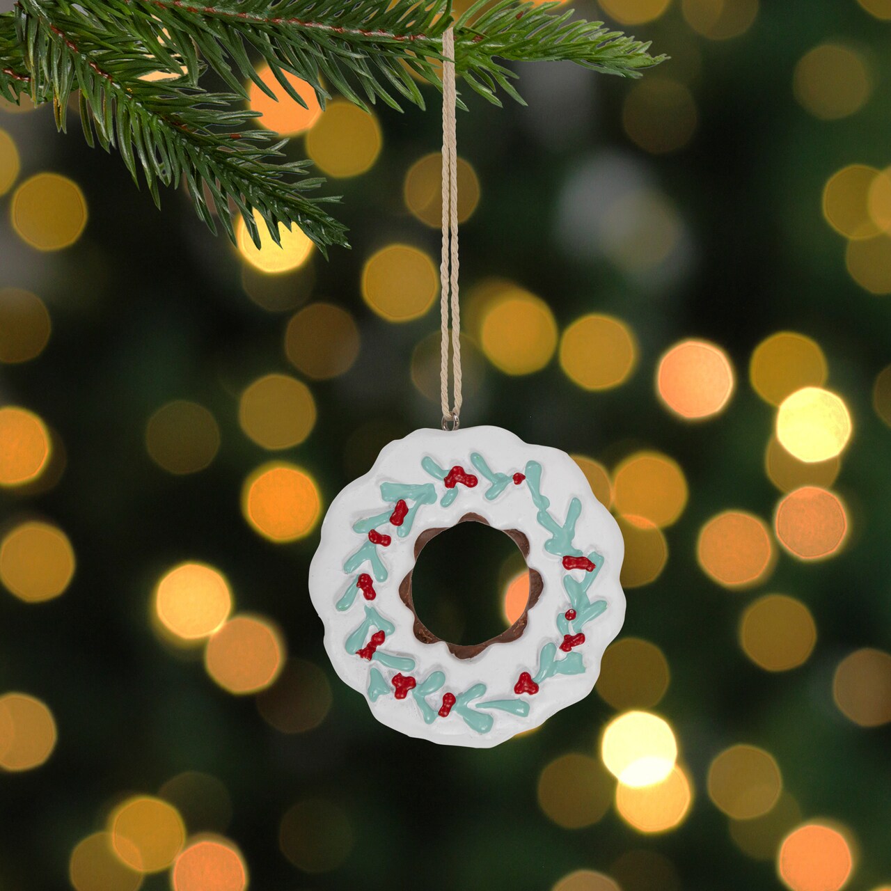 Northlight 2.75" White Frosted Donut with Pine and Berry Christmas Ornament